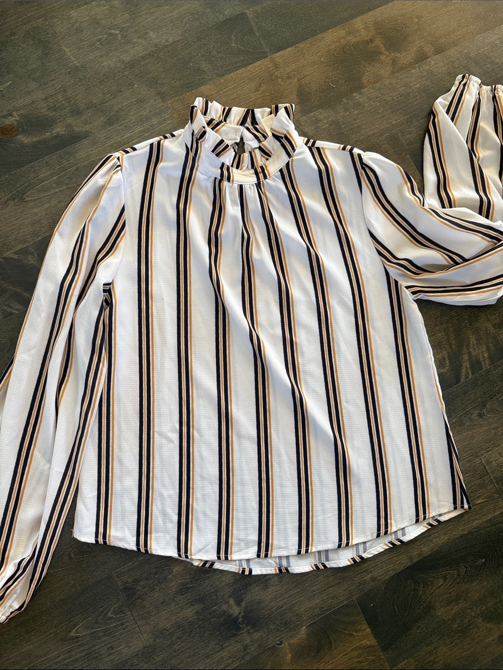 Striped Ruffle-Neck Long Sleeve Top - White Navy Taupe